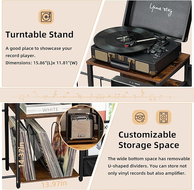 LELELINKY Record Player Stand, Adjustable Guitar Stand for Acoustic Guitar, Electric Guitar, Bass, Turntable Stand with Vinyl Display Shelf Storage Up to 150 Albums,Brown End Table for Music Room