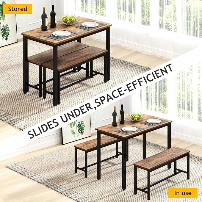 Rovibek Dining Room Table Chairs Set for 4, Modern Space Saving Kitchen Table with 2 Benches & Adjustable Feet Breakfast Table, Wooden Industrial Style Farmhouse, 43", Brown
