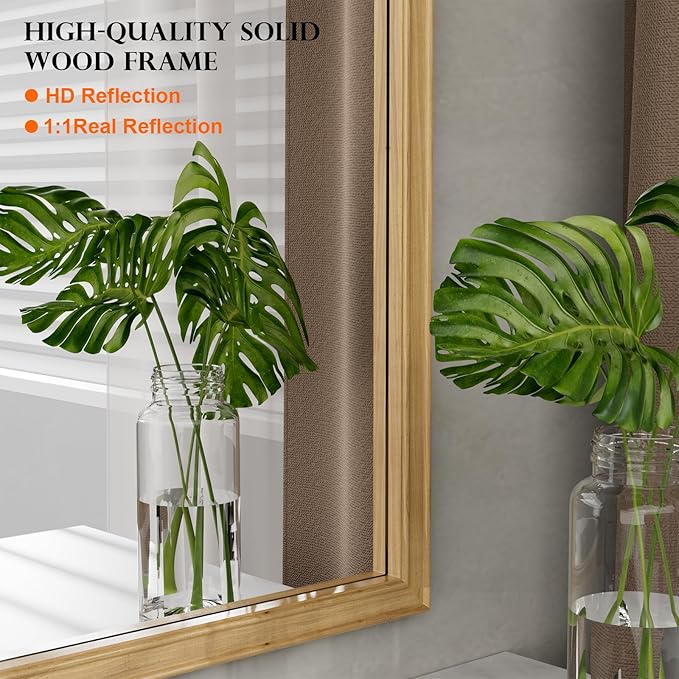 WallBeyond Wood Bathroom Mirrors for Wall Mounted, 24" x 36" Rustic Wood Frame Wall Mirrors Decorative for Living Room or Bedroom Vanity Mirror (Natural Color)