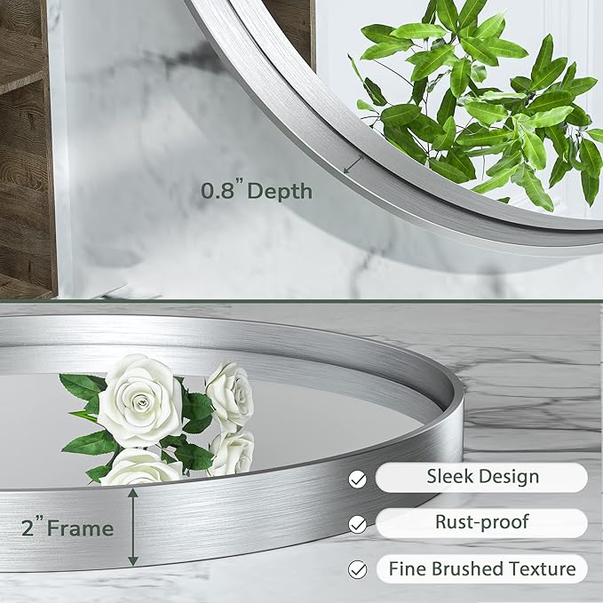 TokeShimi 40 Inch Round Silver Bathroom Vanity Mirror for Wall with Non-Rusting Aluminum Alloy Brushed Matte Metal Frame for Modern Minimalist Farmhouse Home Decor