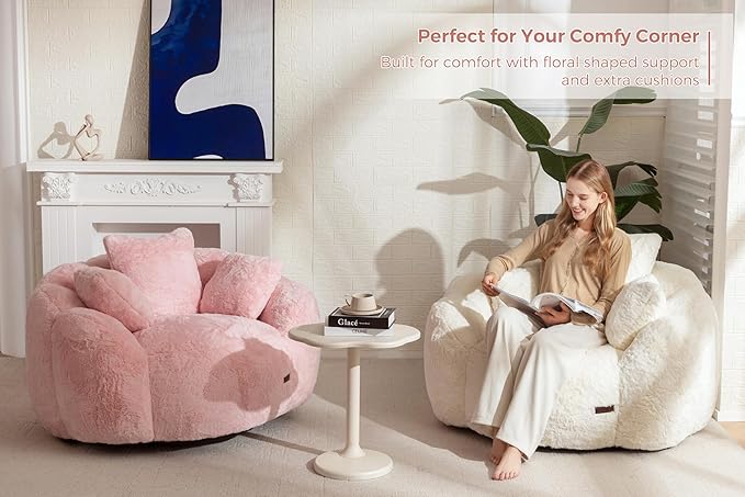 MAXYOYO Bean Bag Chair with 3 Pillows, Oversized Floral Shaped Bean Bag Sofa for Adults, Ultra Soft Faux Fur Floor Sofa, Large Stuffed Reading Chair for Living Room Bedroom, Pink