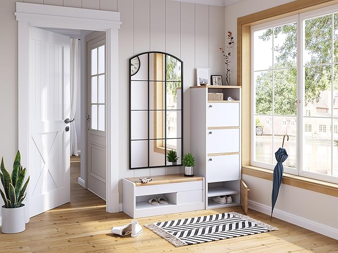 Arched Window Mirror, 24" x 48" Black Window Mirrors for Wall, Tall Farmhouse Grid Mirror for Living Room Bedroom Dining Room Fireplace Hallway Mantle Entryway