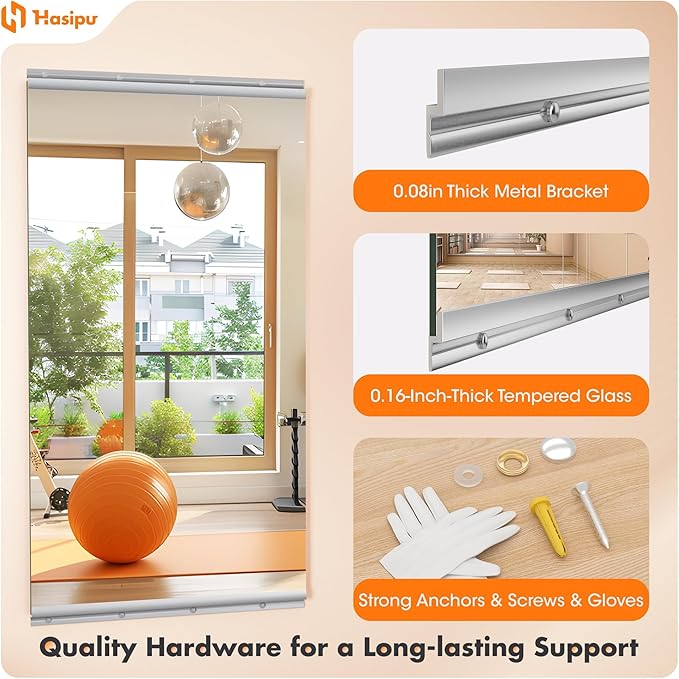 Hasipu Home Gym Mirror 48" L x 24" W - 3PCS Large Full Body Mirror for Yoga, Wall-Mounted Mirrors for Fitness, Garage, Dance Studio, 0.16in Tempered Glass Frameless
