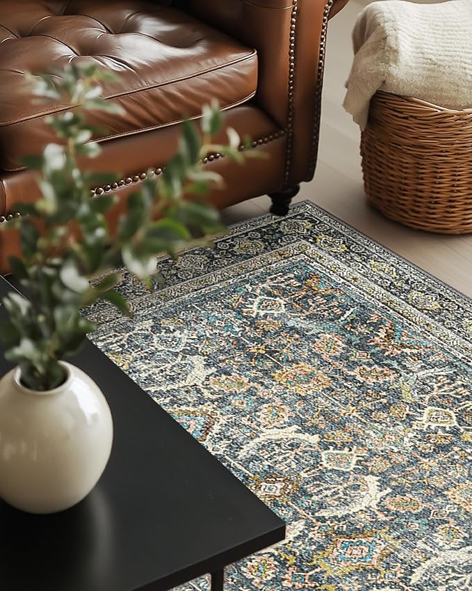 8X10 Area Rugs Machine Washable Rugs for Living Room, Vintage Boho Large Rugs for Bedroom Dining Room, Non Slip Indoor Soft Distressed Lightweight Thin Low Pile Carpet, Terracotta