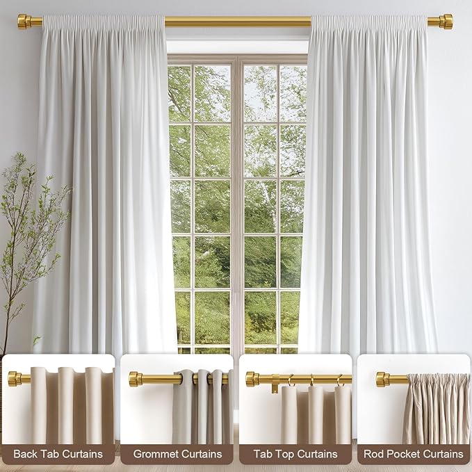 Modern Gold Curtain Rods for Windows 66 to 120 Inches Adjustable Length Heavy Duty 1" Diameter Brass Window Curtain Rod with Solid Metal Finials for Outdoor Farmhouse Bedroom Kitchen Living Room