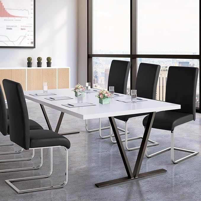 Yaheetech Dining Chairs Set of 6 Modern Faux Leather Upholstered Dining Room Chairs with High Back and Metal Chrome Legs for Kitchen/Living Room/Restaurant, Black