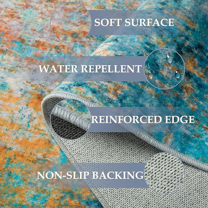 Washable Area Rugs 9'x12' Non-Slip Modern Abstract Soft for Living Room Entryway Bedroom Nursery, Print Pattern, Teal Blue Green Orange Rust Red Colorful