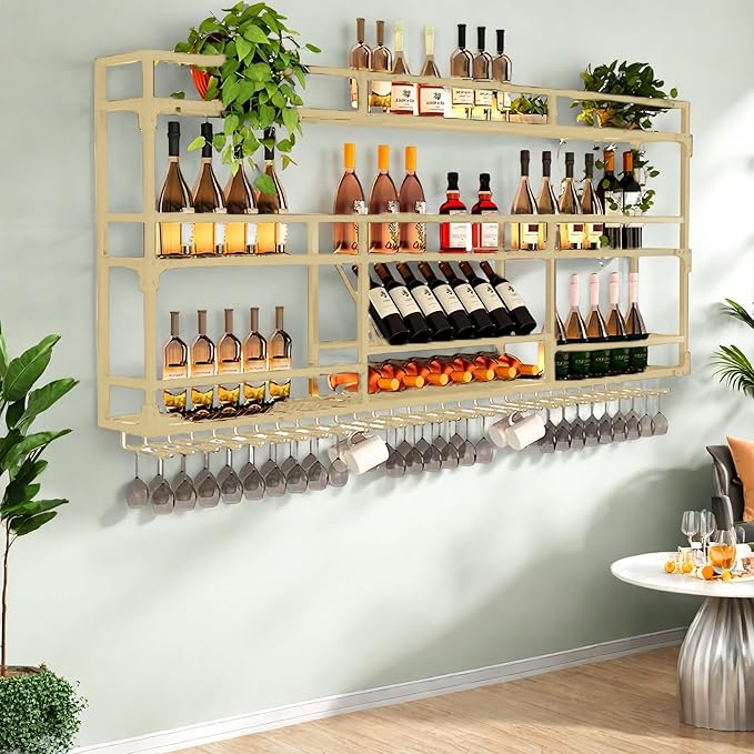 Metal Wall-Mounted Wine Rack with LED Light - 3 Tier Wine Storage Display Rack with Glass Holder - Space-Saving Bottle Display Shelf for Home Bars, Dining Rooms(Gold, 79in/200cm)