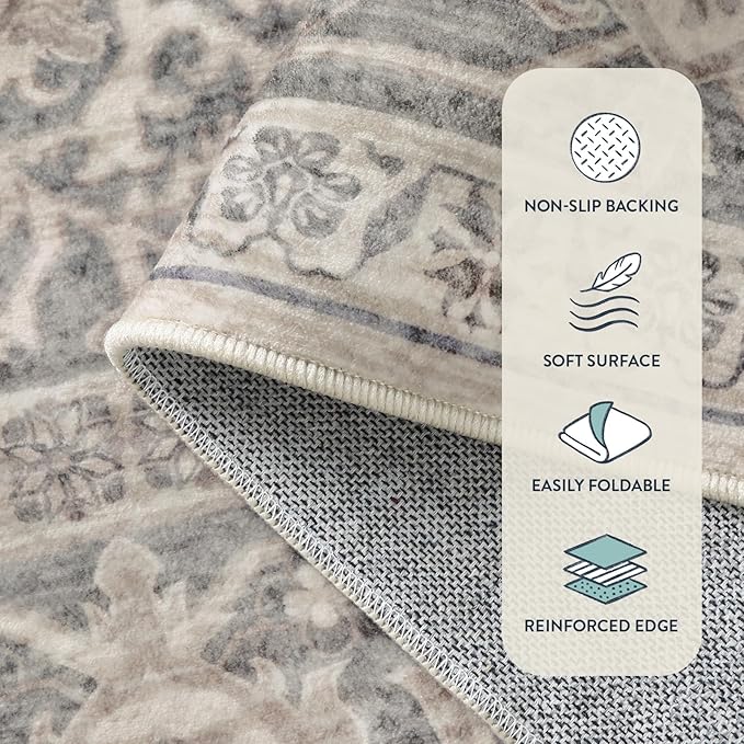 Lahome Oriental Washable Rug Runner, 2x8 Ultra-Thin Hallway Runner Rug with Rubber Backing, Distressed Non Skid Long Carpet for Kitchen Entryway Laundry Room, Grey/Brown