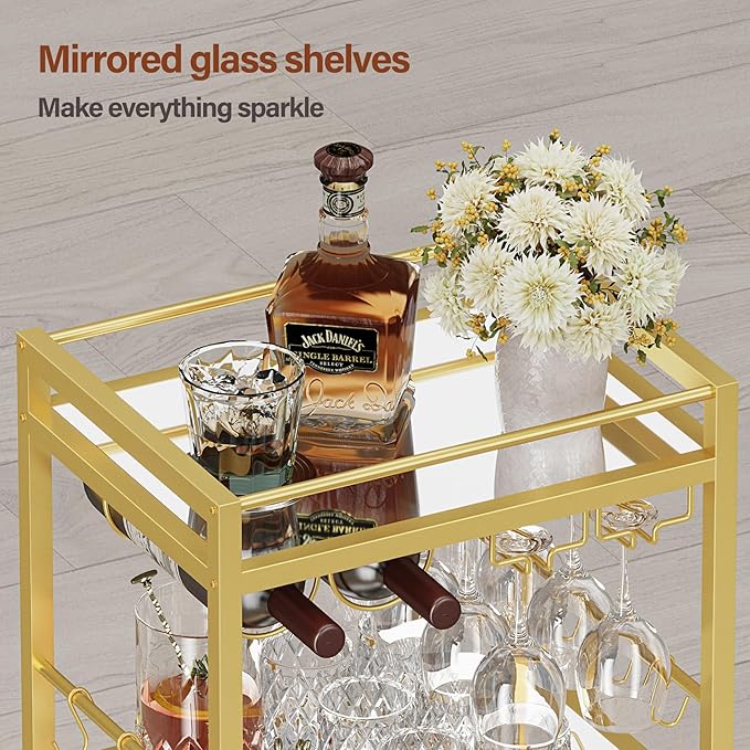TUTOTAK Bar Cart, Home Bar Serving Cart with 3-Tier Mirrored Shelf, Drink Cart, Mobile Kitchen Shelf with Wine Rack, Gold BC01BB033