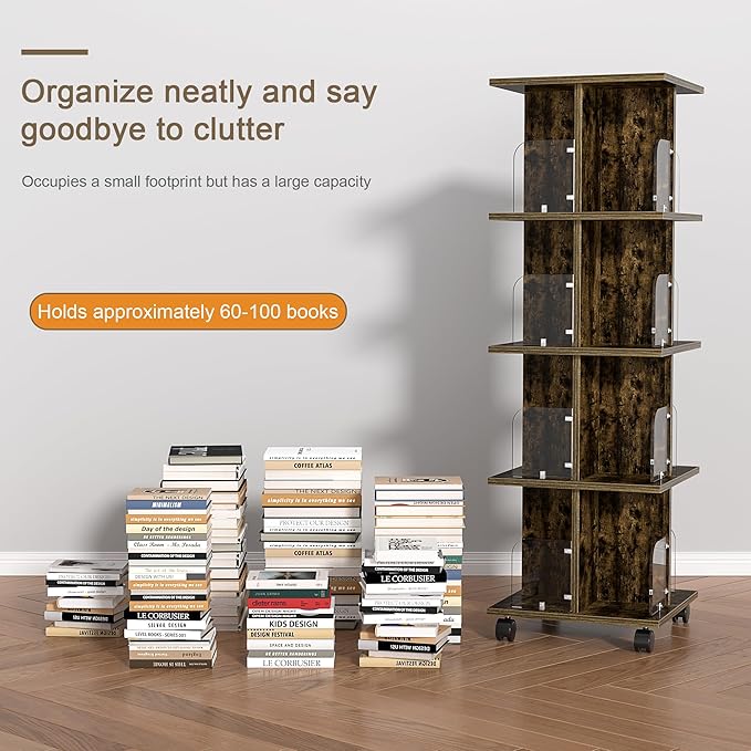 VECELO 4-Tier Rotating Bookshelf, Modern Swivel Bookcase for 360°Display,Stackable Square Book Shelves Floor-Standing Storage for Home Office, Solid Wood, Smooth Spinning, Brown