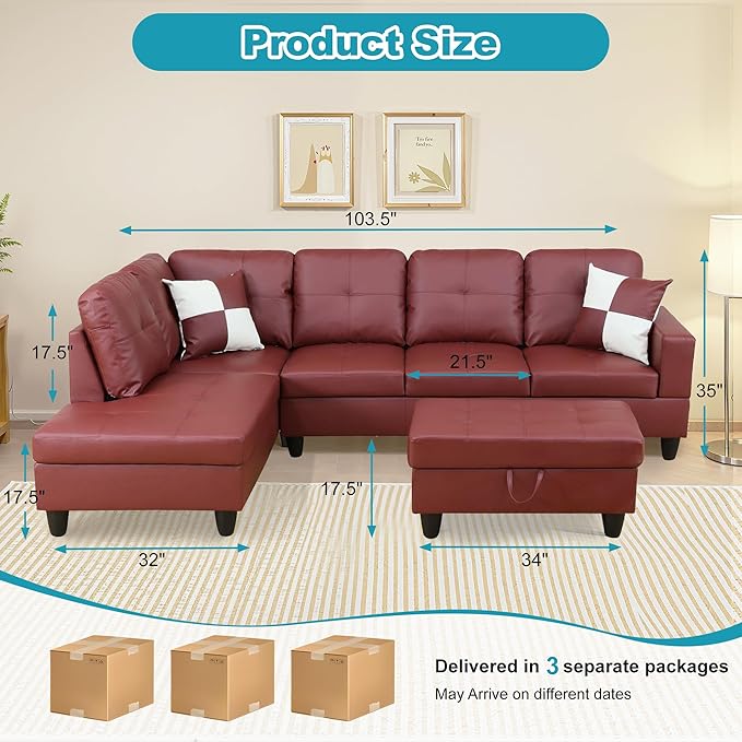 L Shaped Couch Faux Leather Sectional Couch Upholstered 3 Pieces Sofas for Living Room with Chaise, Storage Ottoman for Office and Small Apartment, Dark Red