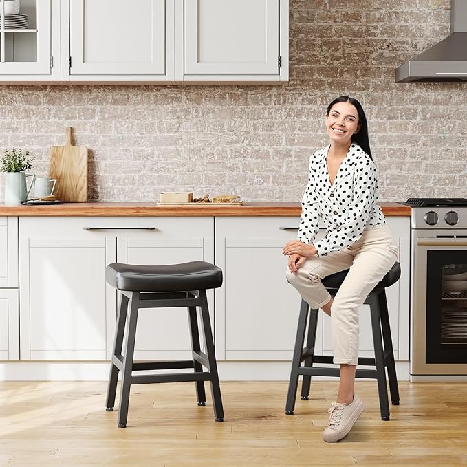 Counter Height Bar Stools Set of 2, 24 Inch Barstools for Kitchen Counter, Kitchen Stools with Bonded Leather Saddle Seats & Heavy Duty Metal Legs, Easy Assembly, Brown/Black
