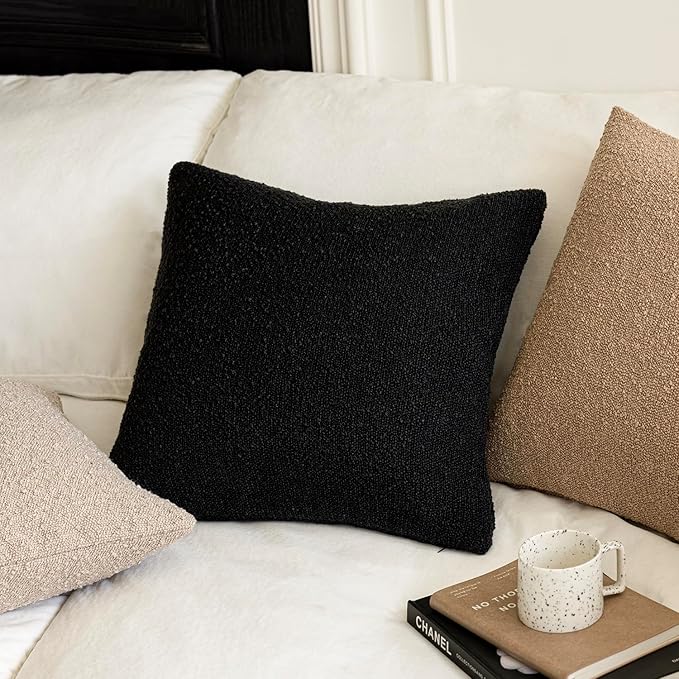 Foindtower Set of 2, Decorative Textured Boucle Throw Pillow Covers Accent Solid Pillow Cases Neutral Soft Cozy Couch Cushion Case for Chair Sofa Bedroom Living Room Home Decor 16 x 16 Inch Black