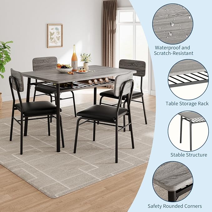 GarveeHome Dining Table Set for 4 with Storage Rack, 5-Piece Kitchen Table and Upholstered Chairs of 4, Wood Tabletop & Heavy-Duty Metel Frame, Dining Room Set for Small Space, Apartment, Gray