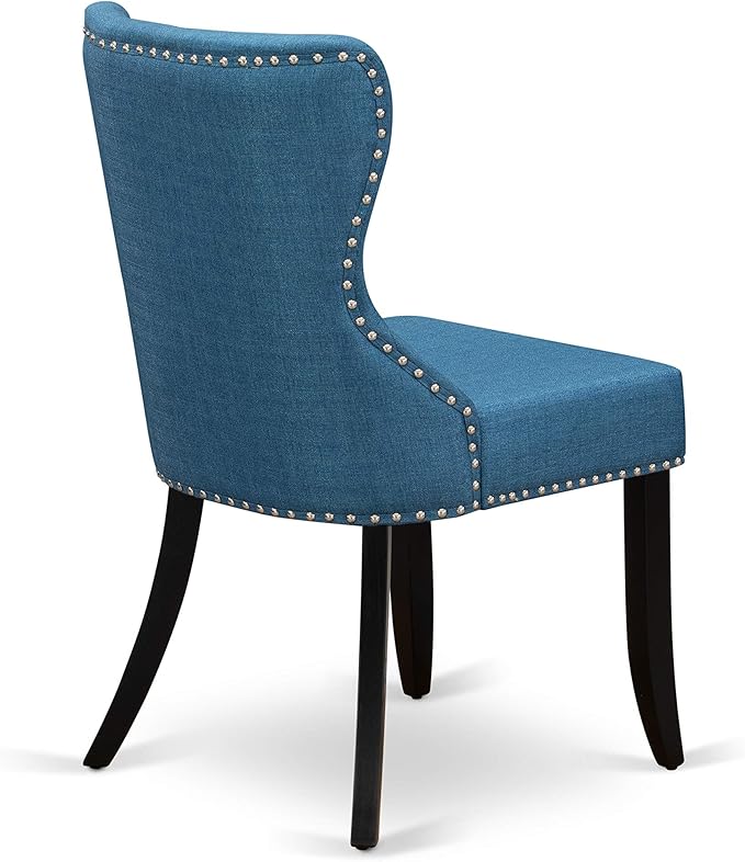 East West Furniture DLSI5-BLK-21 5 Piece Dining Room Table Set Includes a Round Kitchen Table with Dropleaf and 4 Blue Linen Fabric Parson Dining Chairs, 42x42 Inch, Black