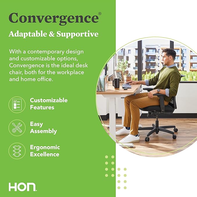 HON Convergence Ergonomic Office Chair, Breathable Back Support Mesh, Adjustable Arms, Computer Chair with Lumbar Support, Rolling Swivel Wheels, Comfortable Synchro-Tilt Recline, Fabric, Black