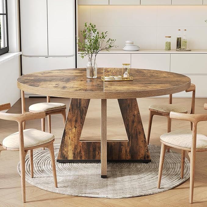 LITTLE TREE Round Dining Table for 4-6 People, 47 Inches Dining Room Table with Wooden Pedestal Base, Circle Kitchen Tables for Dining Room, Kitchen, Living Room, Rustic Brown