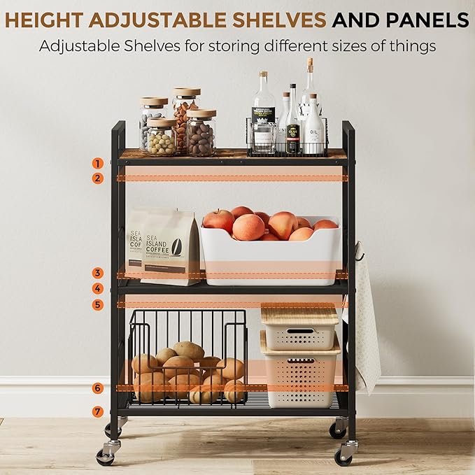 3-Tier Metal Storage Rack with Industrial Wheels,Mesh Shelving Unit with Wooden Table top,Adjustable Shelf,23.6-Inch Width,15.8-Inch Depth, for Kitchen, Laundry,Pantry,Plant,Black
