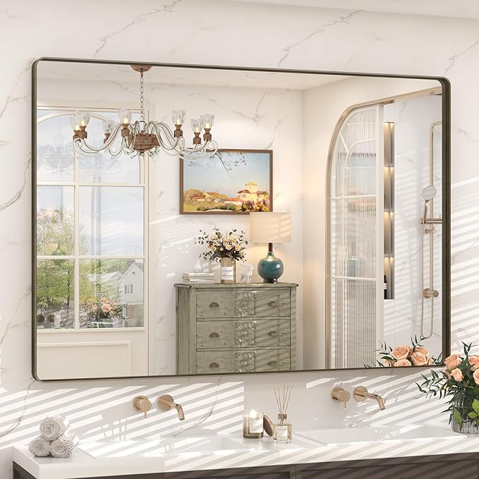 55x36 Bronze Bathroom Vanity Mirror for Wall, Large Bronze Frame Mirror with Brushed Metal Frame, Rounded Rectangle Mirror, Shatterproof, Anti-Rust (Horizontal/Vertical)