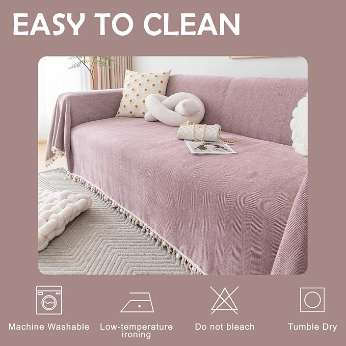HANDONTIME Boho Chenille Sofa Cover for 3 Cushion Couch - Pink-Purple Tassel Throw for Dogs, Mauve, 91" X 118"