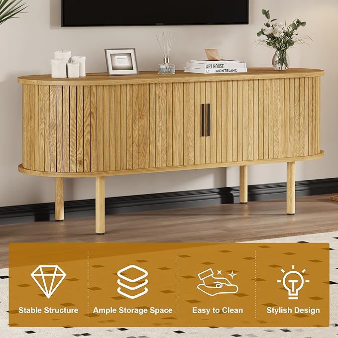 GarveeHome 47.2" TV Stand, Modern TV Console Table with Storage Compartment and Sliding Door, Gaming Entertainment Center with Cabinet for Living Room, Bedroom, Office, Oak