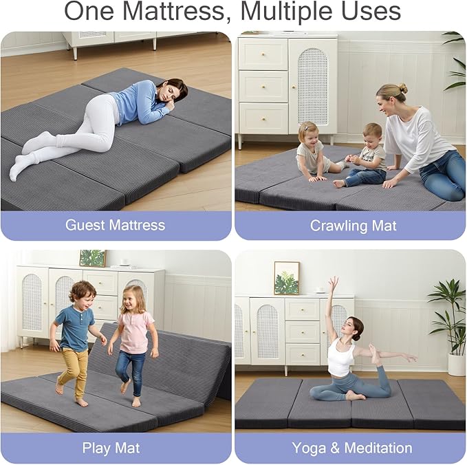 MeMoreCool Folding Foam Futon Mattress Queen, Foldable Japanese Floor Mattress, Sleeping Mat Pad for Adults Guests Sleepovers, 3 in Thick Tatami Mat Portable Shikibuton, Dark Grey