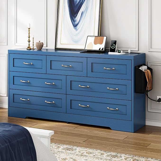YITAHOME Drawers TV Stand for 65 inches with Power Outlets -Chest of Drawers Dresser with Side Organizer Bag Entertainment Center TV Console, Blue