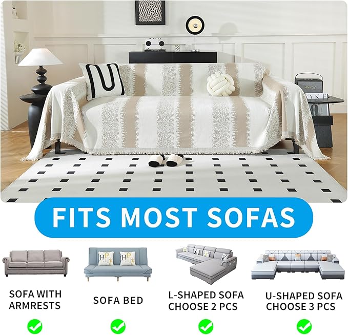 LUFEIJIASHI Boho Couch Covers for Sofa Non Slip Sofa Covers Washable Couch Covers for 3 Cushion Couch Sofa Pet Friendly Sectional Couch Cover Blanket Furniture Protector for Dogs (Khaki, 71"x118")