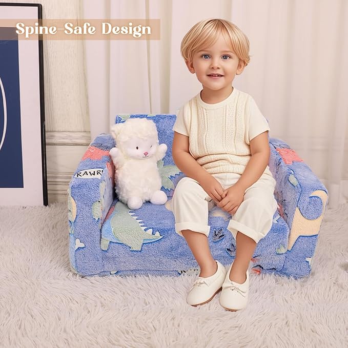 Kids Chairs for Toddler, 2 - in - 1 Toddler Soft Teddy Fleece Couch Featuring Glow - in - The - Dark Elements, Fold Out, Convertible Sofa to Lounger for Girls and Boys - Colorful Dinosaur