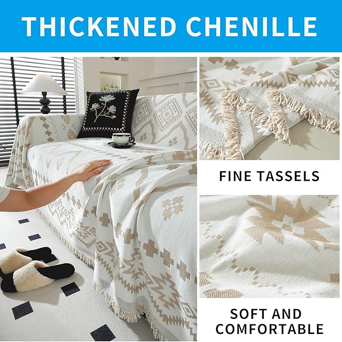 LUFEIJIASHI Boho Couch Covers for Sofa Non Slip Sofa Covers Washable Couch Covers for 3 Cushion Couch Sofa Pet Friendly Sectional Couch Cover Blanket Furniture Protector for Dogs (Khaki, 71"x118")