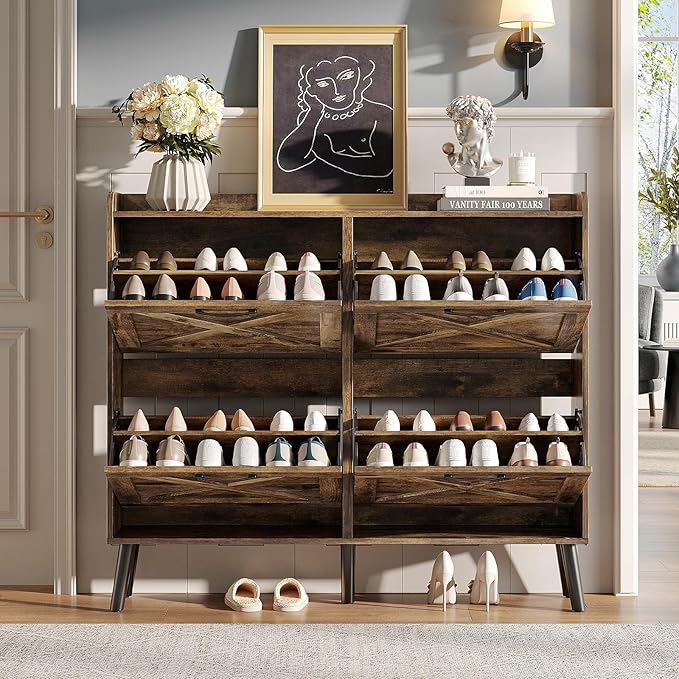 Maupvit Large Shoe Storage Cabinet with 4 Flip Drawers, Narrow Shoe Cabinet for Entryway with Wooden Legs, Freestanding Hidden Shoe Rack Organizer ＆ Metal Hinges, Rustic Brown