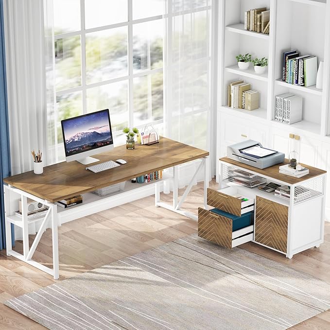 Tribesigns L Shaped Desk with Drawer,63" Executive Computer Desk and lateral File Cabinet, 2 Piece Home Office Furniture for Hanging File, Cabinet with Doors (Walnut, 63-inches)