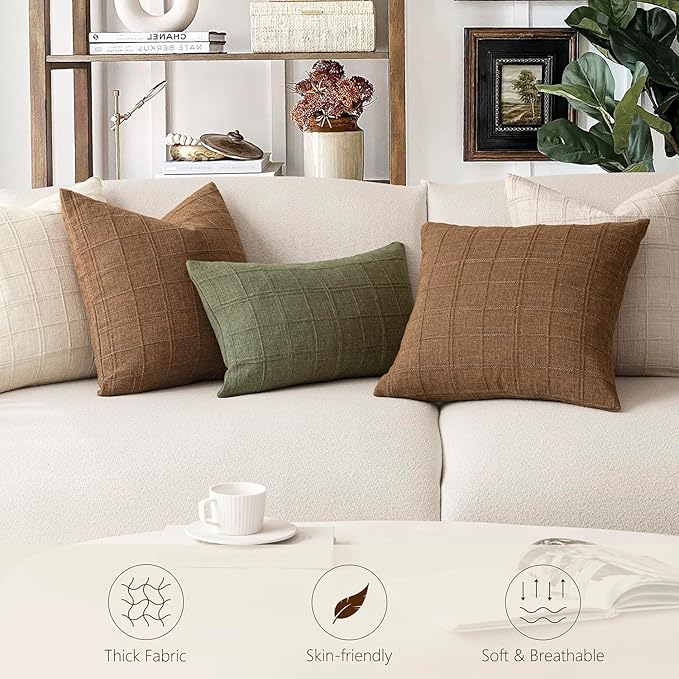 Foindtower Set of 2 Decorative Linen Check Throw Pillow Covers Neutral Farmhouse Vintage Cushion Covers Modern Boho Home Decor For Sofa Chair Couch Bedroom Living Room Outdoor,20×20 Inch,Natural Beige