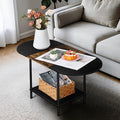 Small Round Coffee Table, 2-Tier Oval Center Table with Storage and Open Shelving, Minimalist Display Center Table for Living Room, Small Space, Home Office, Brown & Black