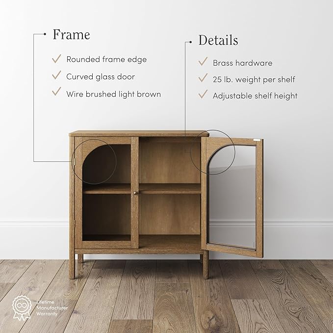 Nathan James Mason TV Stand, Free Standing Accent Sideboard Buffet, Credenza with Glass Doors and Adjustable Shelf in Brushed Light Brown Wood for Dining Room, Entryway and Living Room, Set of 4
