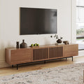 POVISON Full Assembled Mid-Century Modern TV Stand with Slatted Doors, Wood Media Console for 80 85+ Inch TV, TV Console with Tall-cast Metal Legs, Entertainment Center with Storage for Living Room