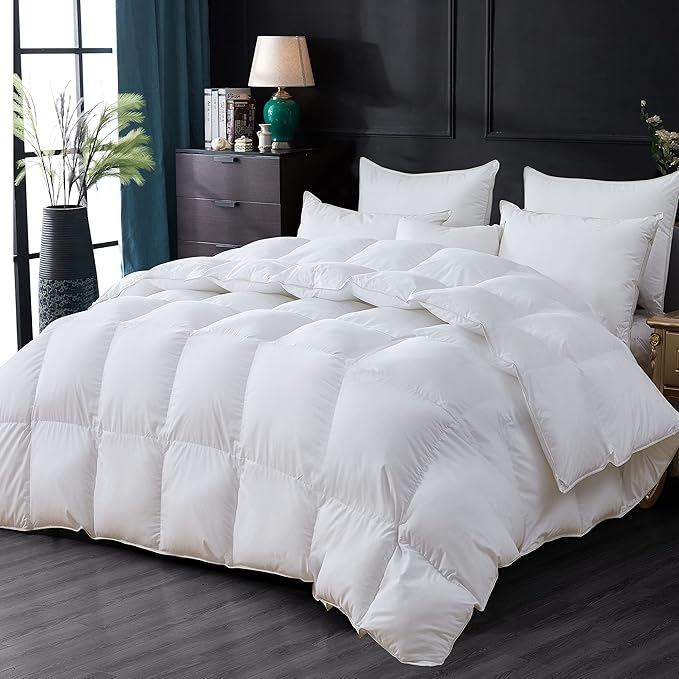 Luxurious All-Season Goose Down Feather Fiber Comforter Queen Size Duvet Insert, Premium White Solid Plain Design, Premium Baffle Box, 100% Egyptian Cotton, 70 oz Fill Weight
