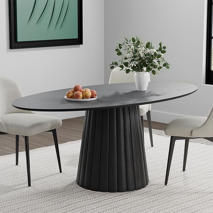 Casaphoria 67" Oval Dining Table, Modern Wood Kitchen Table with Cone Shaped Strip Convex Base for Living Room & Dining Room, Easy Assembly Farmhouse Furniture for 4-6, Black