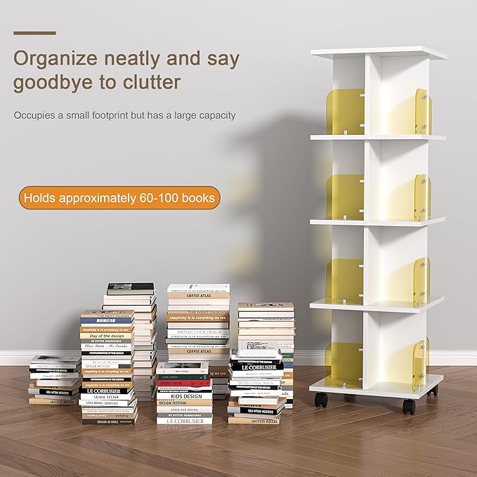 VECELO 4-Tier Rotating Bookshelf, Modern Swivel Bookcase for 360°Display,Stackable Square Book Shelves Floor-Standing Storage for Home Office, Solid Wood, Smooth Spinning, White