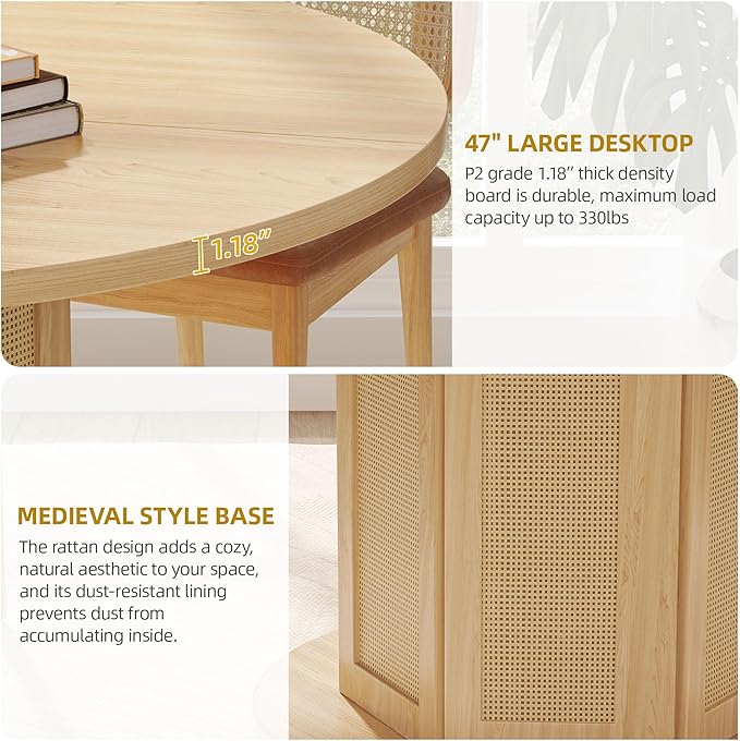 DWVO Round Dining Table for 4-6 People 47 Inch Farmhouse Kitchen Table with Rattan Circular Base Wooden Dinner Table for Dining Room Family Gathering, Natural Oak