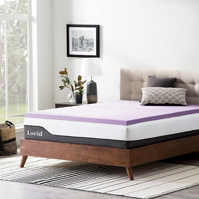 Lucid 2 Inch Lavender Infused Memory Foam Mattress Topper - Ventilated Design – Pressure Relieving Bed Topper - Mattress Pad – CertiPur Certified - Full Size