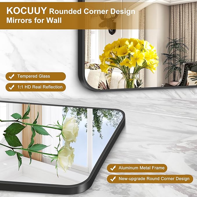 KOCUUY Square Bathroom Mirror, 24"x24" Black Rectangle Vanity Mirror, Black Metal Frame Mirror with Rounded Corner for Bathroom, Bedroom, Living Room, Entryway