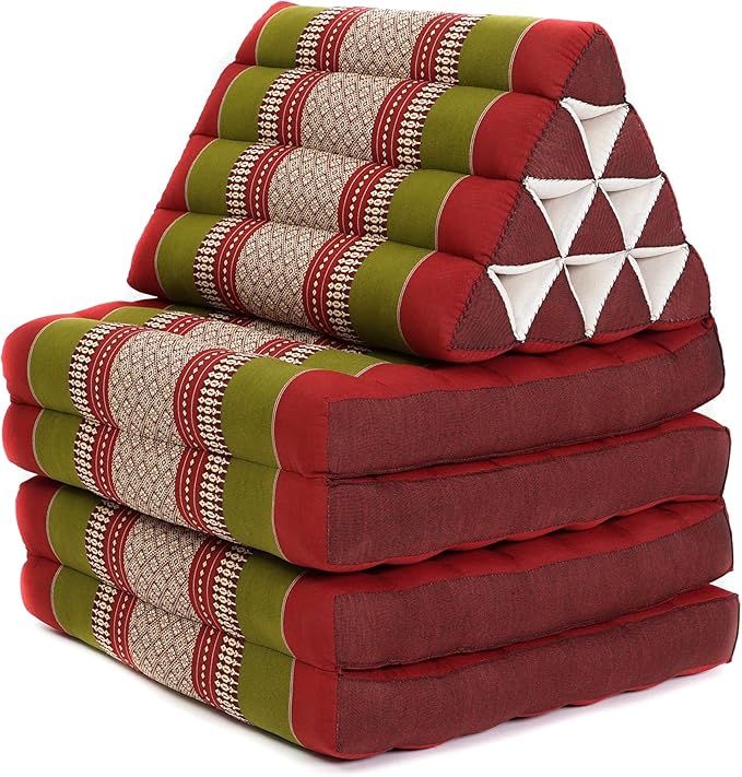 Leewadee Comfortable Japanese Floor Mattress - Thai Floor Bed with Triangle Cushion - Futon Mattress - XL Extra Long Thai Massage Mat, 89 x 20 inches, Green Red, Kapok Filling