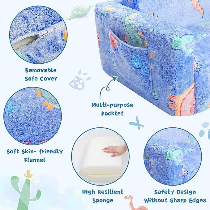 Toddler Chair Comfy,2-in-1 Soft Toddler Couch Fold Out for Kids,Convertible Sofa to Lounger,Gift for Girls and Boys Birthday,Dinosaurs,Medium