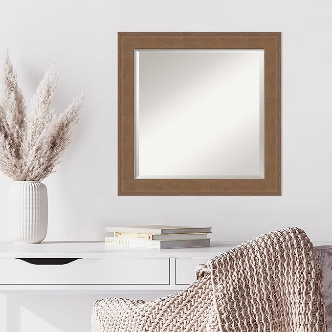 Amanti Art Brown Wall Mirror 25x25 Alta Medium Brown Square Bathroom Mirror for Wall Decor Living Room, Medium Rustic Farmhouse Frame, Hangs Horizonally and Vertically, Bathroom Decor, Beveled Edge