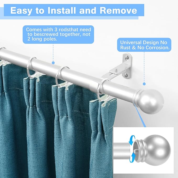 Curtain Rods for Windows 16 to 48 Inches, Curtain Rod Max Adjustable Length of 60 IN, 6/8" Diameter Drapery Rods Round Finials, Satin Silver, Pack of 1
