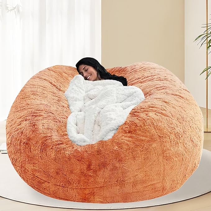 BCU Oversized Bean Bag Cover Comfy Beanbag Chair for Adults Without Filler Faux Fur Floor Chair Lazy Sofa Cover Comfy for Living Room Chairs, Milk Orange, 5FT