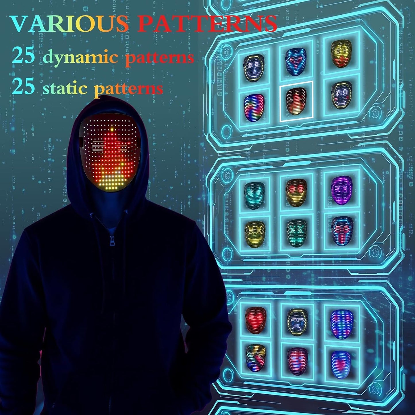 LED Mask with Gesture Sensing, Cool Light Up Transforming Face Mask for Halloween Xmas Cosplay