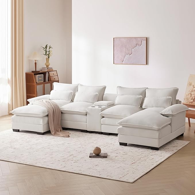 Merax U-Shaped Sectional Sofa with Cupholders, Console and USB Charging Ports, 6-seat Chenille Upholstered Sleeper Couch with Symmetrical Chaise for Living Room, Apartment, 123", White